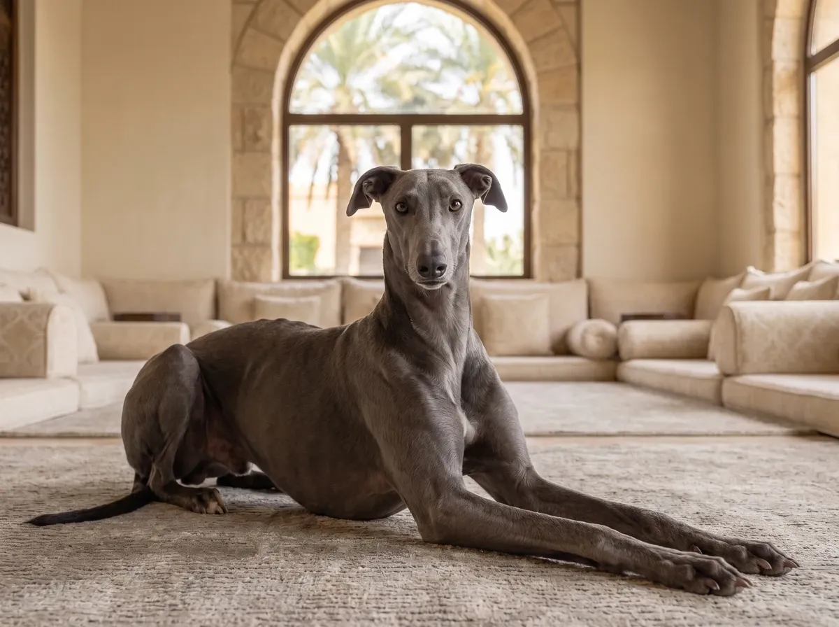 Greyhound in Dubai, a blue adult lying on a stone rug in a majlis below an arched window onto palms
