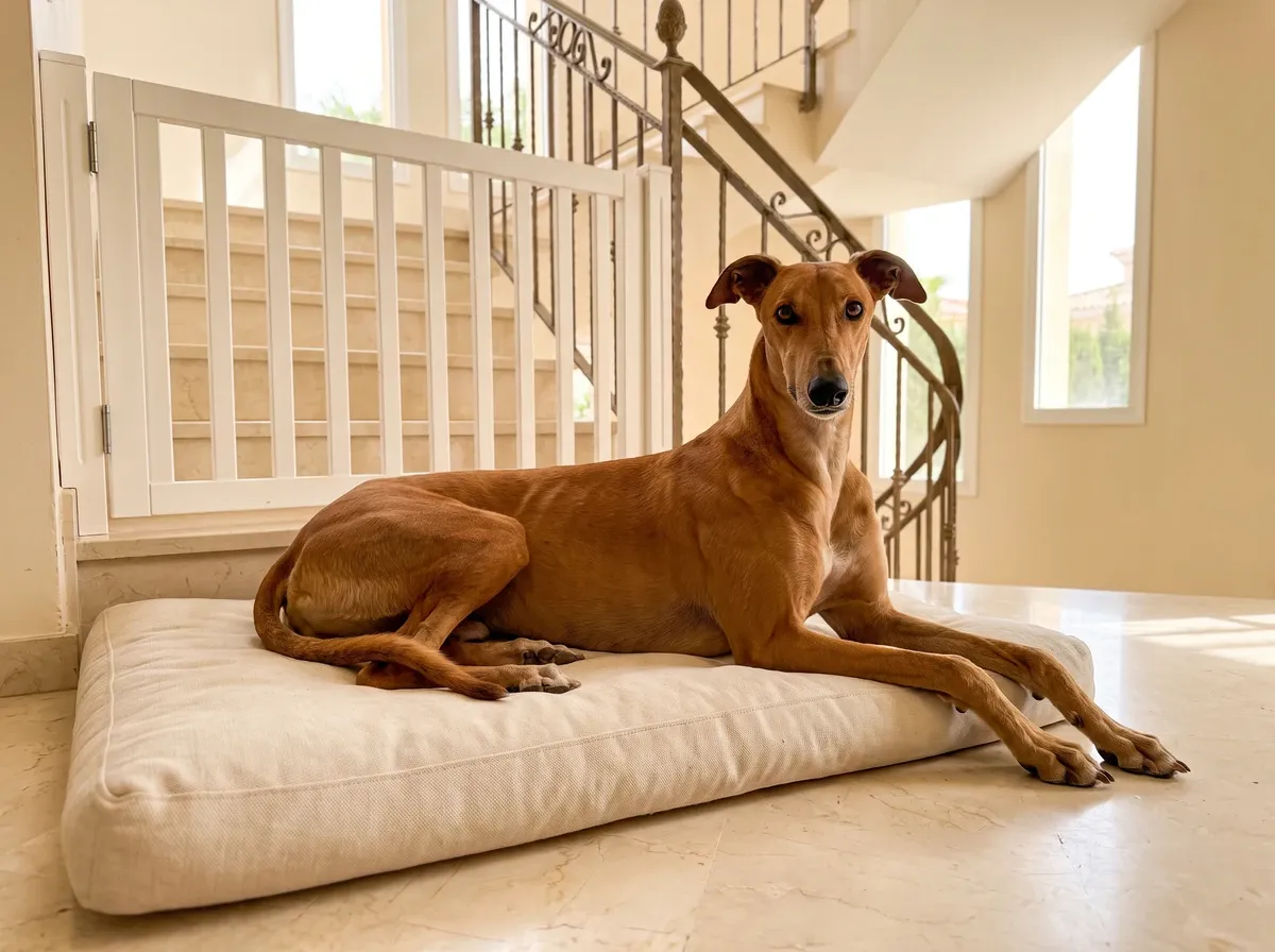 Greyhound, a red adult on a long padded bed beside a baby gate at the foot of a villa staircase