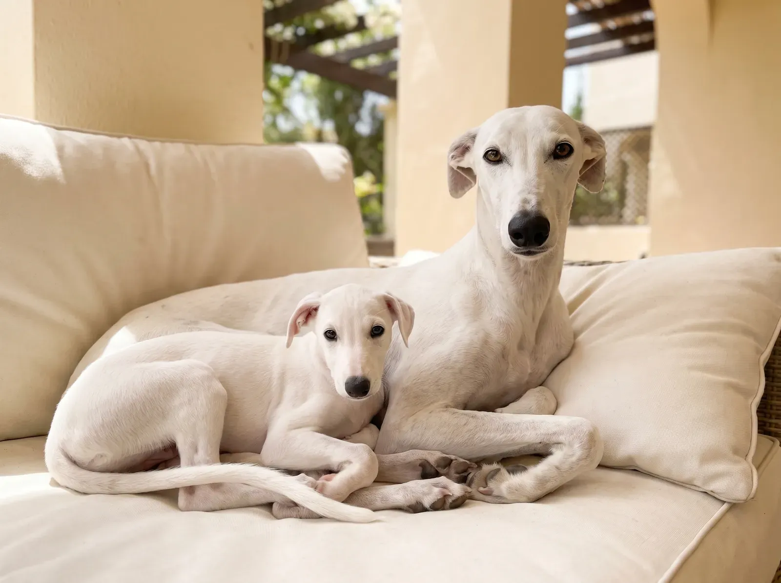 Greyhound, a white mother lying with one white puppy on a cream cushion on a shaded terrace