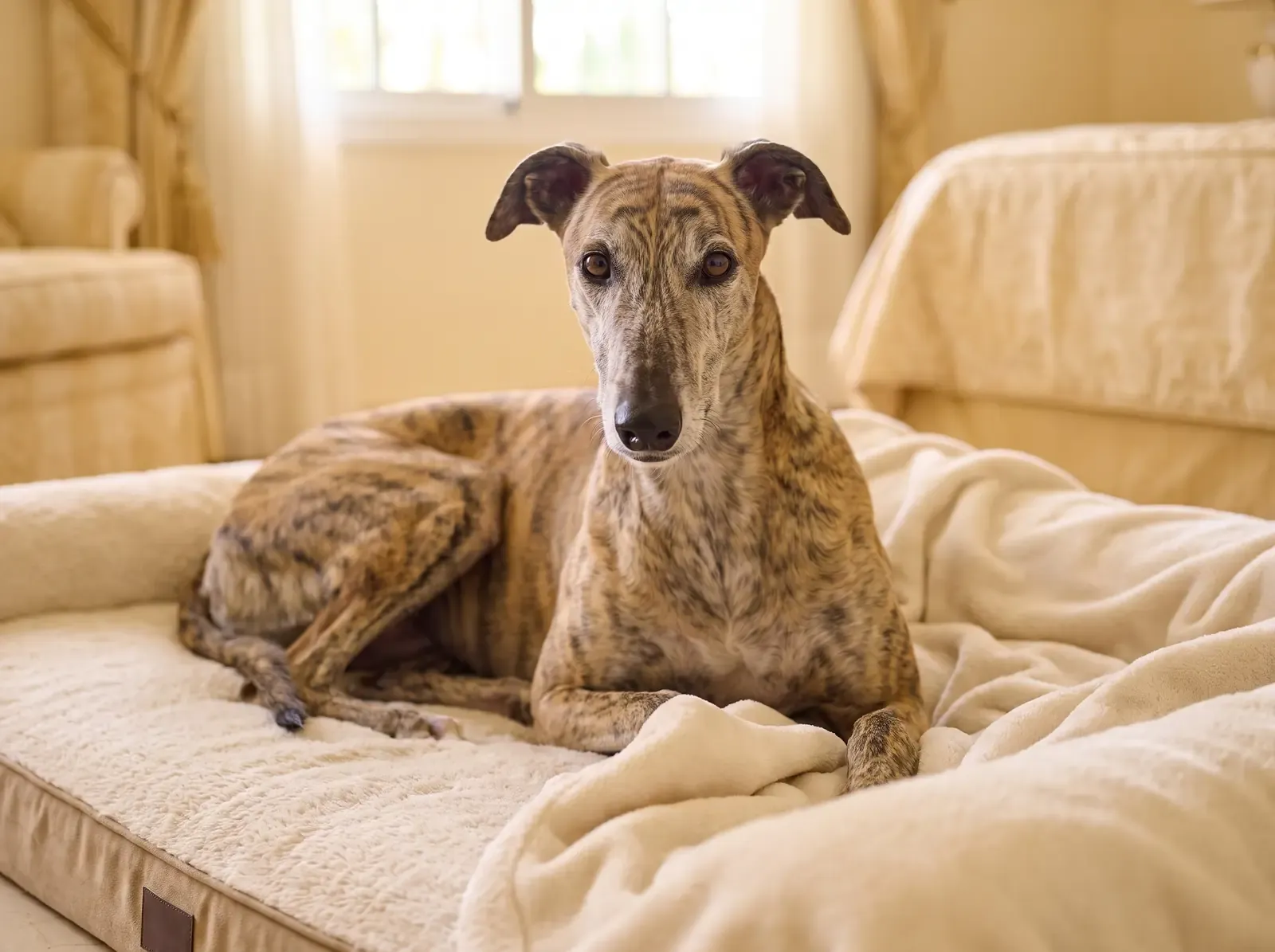 Greyhound, an older brindle dog with a greying muzzle resting on a padded bed under a cream blanket