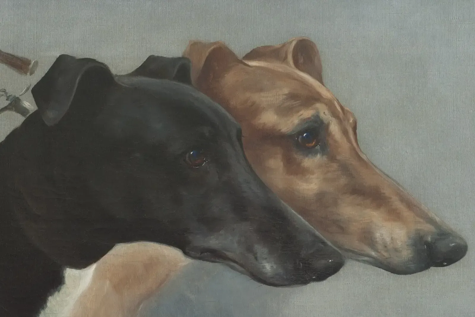 Greyhound history, a black and a fawn hound held in the slips, painted by Lilian Cheviot, Britain, 1914