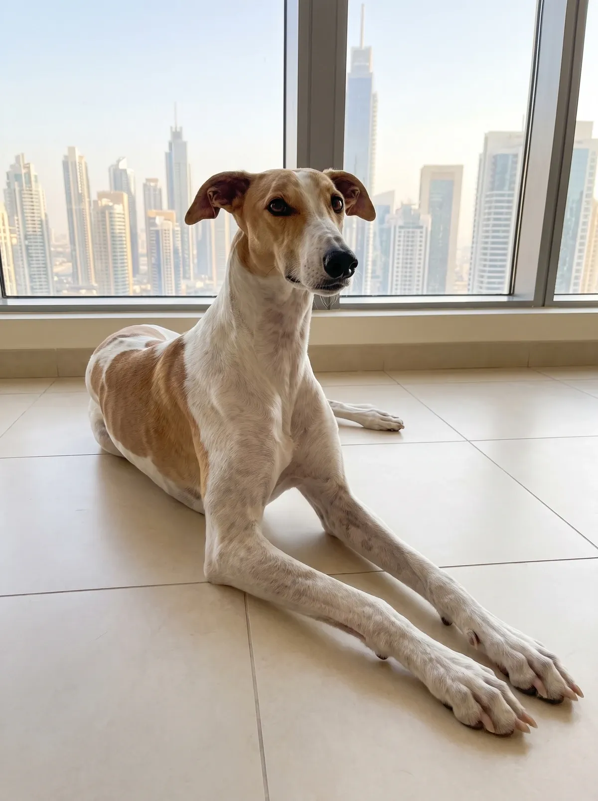 Greyhound in Dubai, the same white and fawn adult lying on cool tiles with the skyline behind