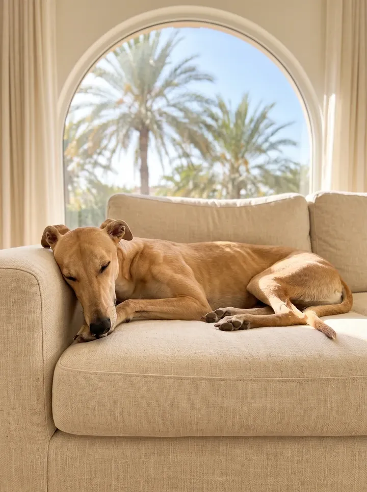 Greyhound in Dubai, a fawn adult asleep on a cream sofa below an arched window onto date palms