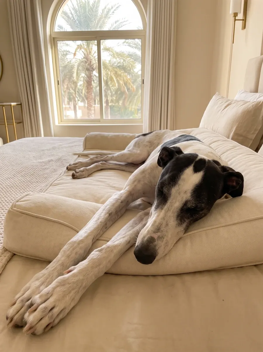 Greyhound in Dubai, a white and black adult asleep on a padded bed, long legs stretched out, palms through the window