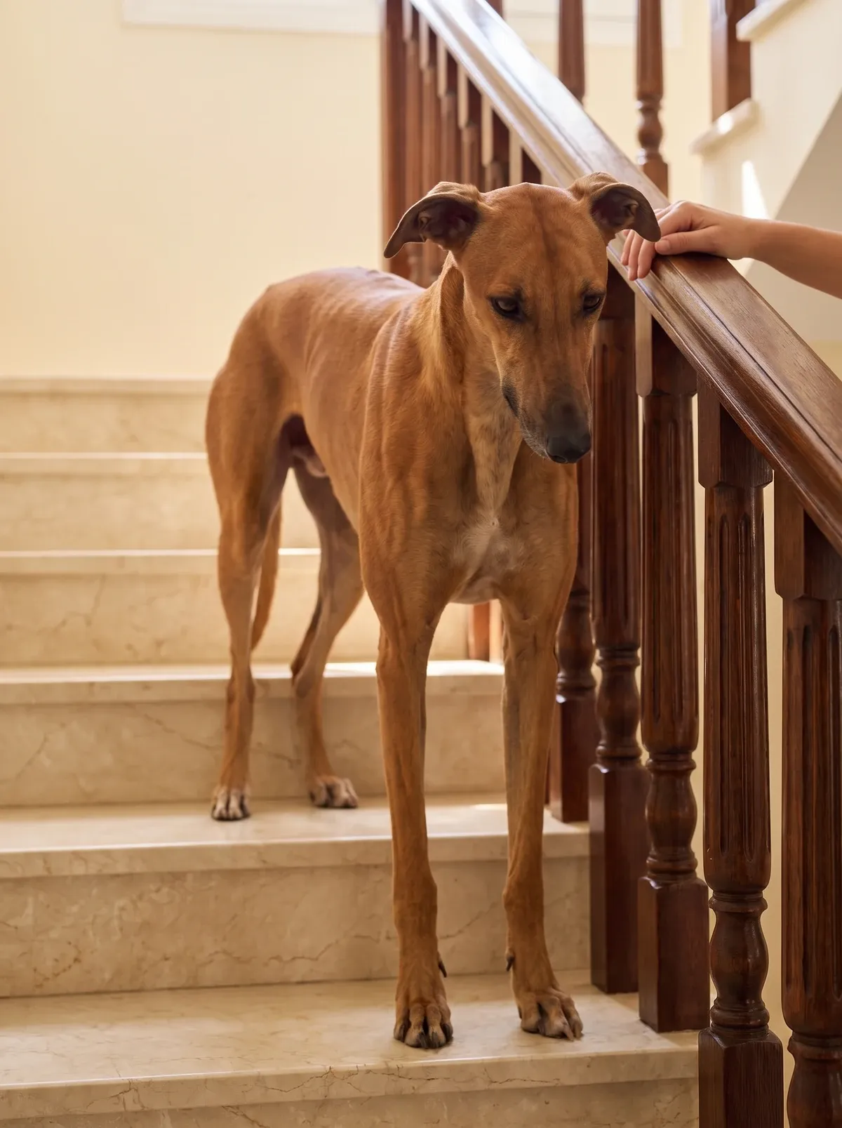 Greyhound, a red adult pausing on marble villa stairs as their person's hand rests on the banister