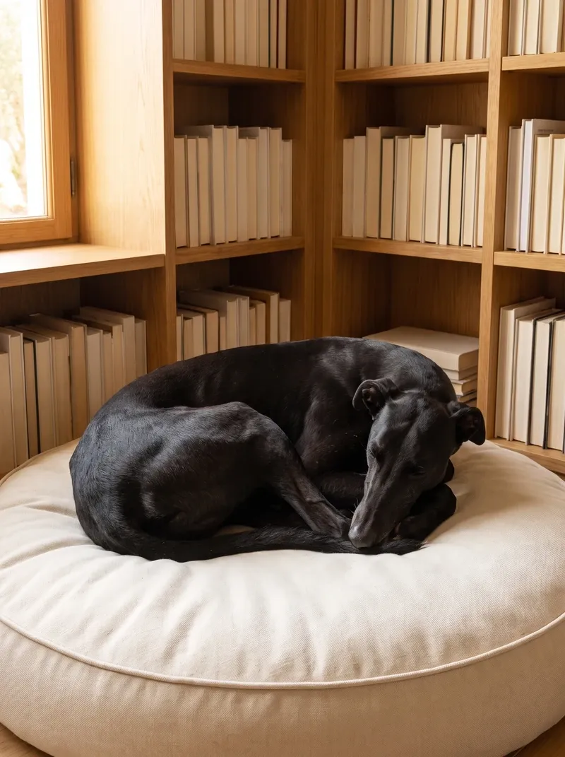 Greyhound, a black adult curled up asleep on a round cream bed beside timber bookshelves