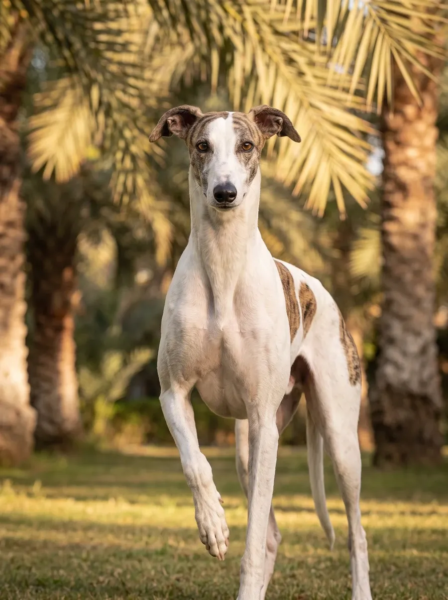 Greyhound in Dubai, a white and brindle adult on a shaded lawn under date palms, one front paw lifted