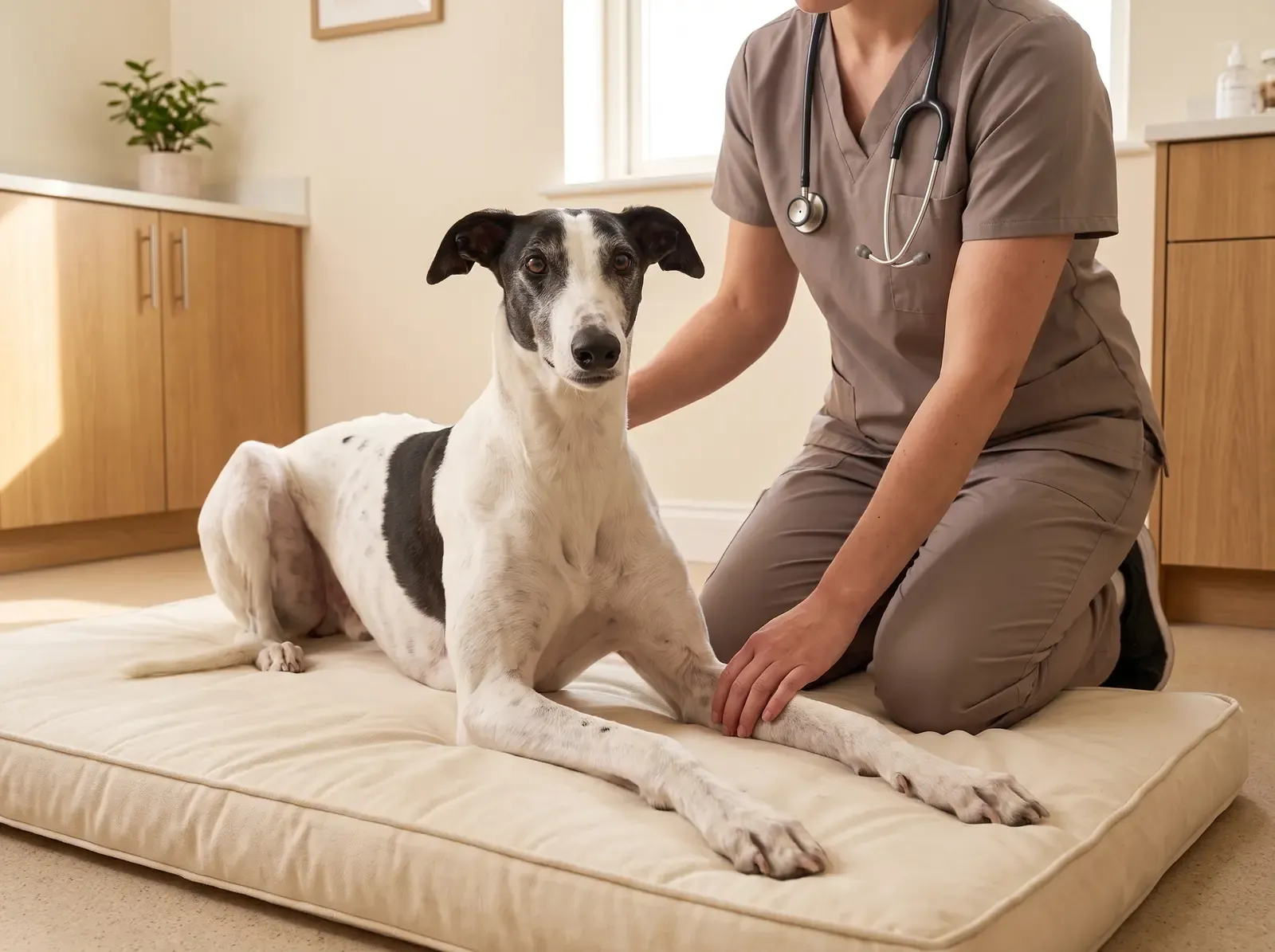 Greyhound, a white and black adult lying on a padded mat as a vet in taupe scrubs rests a hand on their foreleg