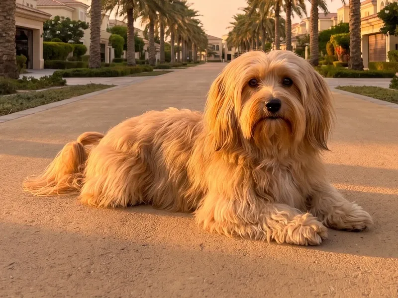 Havanese in Dubai, a gold adult lying on a road in a palm-lined villa community at sunrise