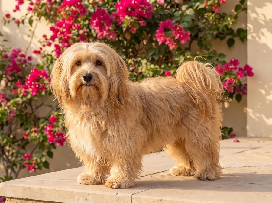 Havanese, a gold adult with a long flowing coat on a villa terrace, bougainvillea behind