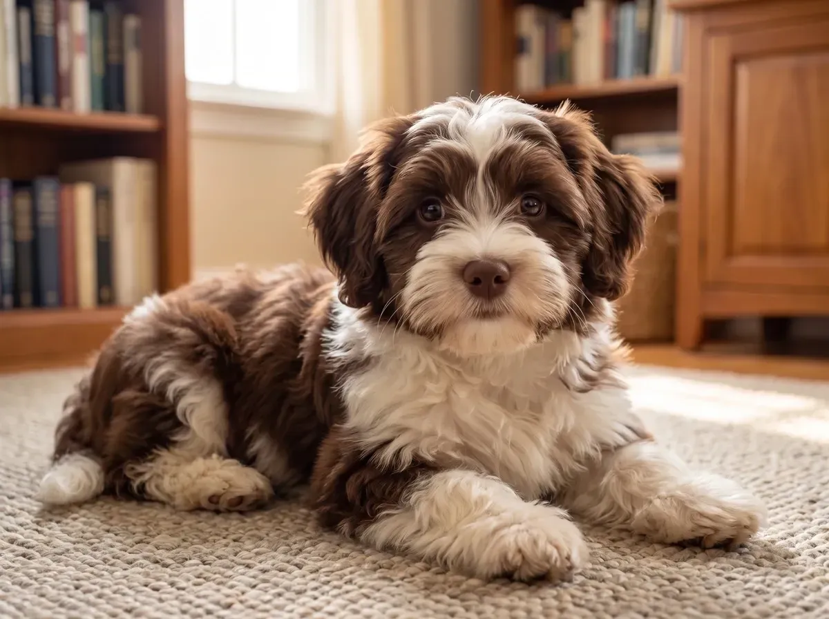 Havanese, a chocolate and white puppy lying on a woven rug in a study