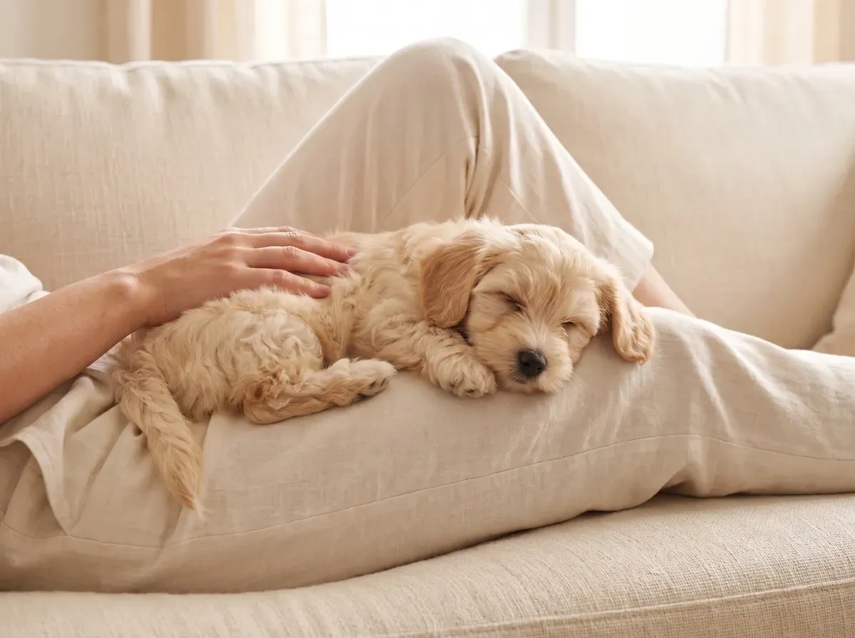 Havanese, a cream puppy asleep in a pet parent's lap on a linen sofa