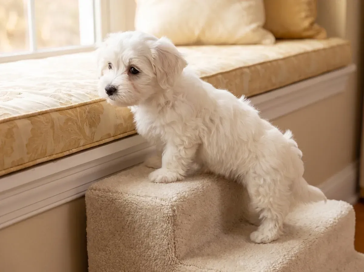 Havanese, a white puppy climbing small pet steps up to a window seat