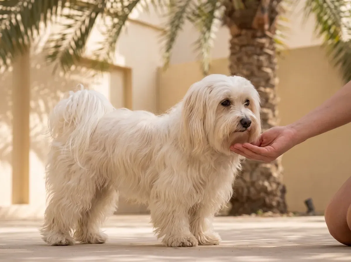 Havanese in Dubai, a pet parent holding a hand out to a calm white adult in a villa courtyard under date palms