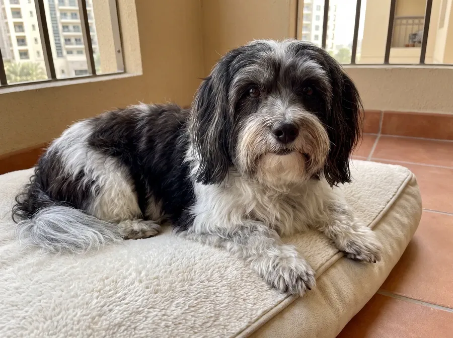 Havanese, an older black and white dog with a greying face resting on a dog bed on a balcony