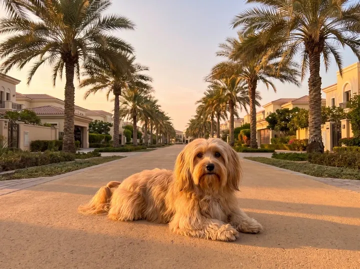 Havanese history, the breed today, a gold adult lying on a palm-lined path in a Dubai villa community at sunrise