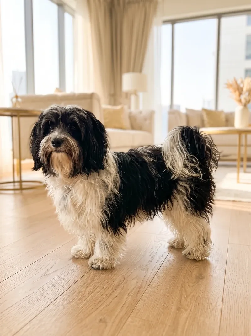 Havanese, the same black and white adult standing on the timber floor of a bright flat