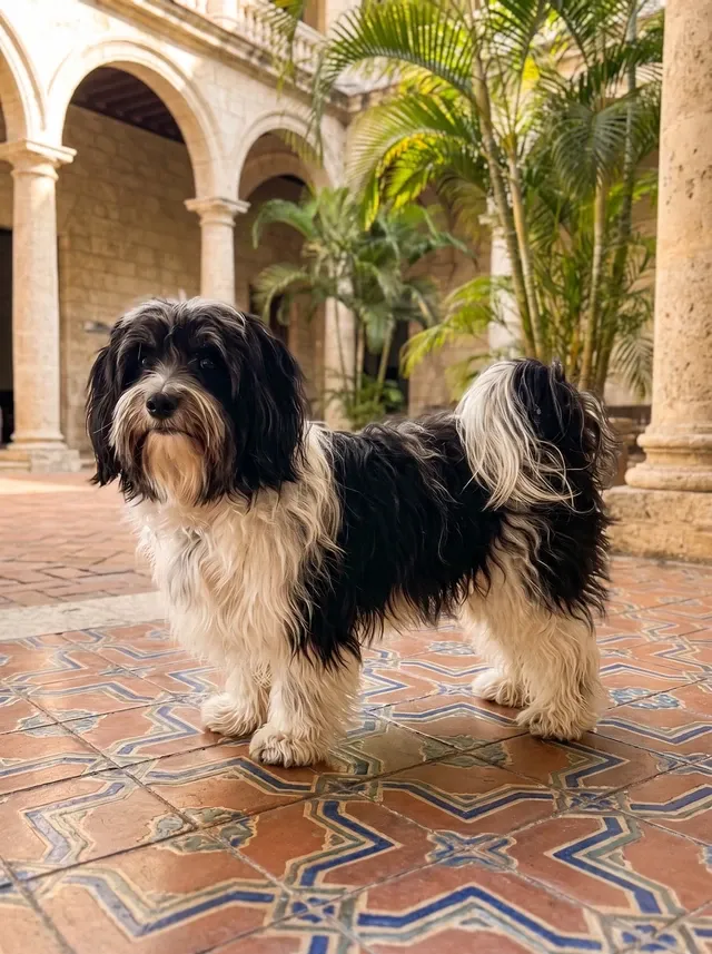 Havanese, a black and white adult standing on patterned tiles in an arched Havana courtyard with palms