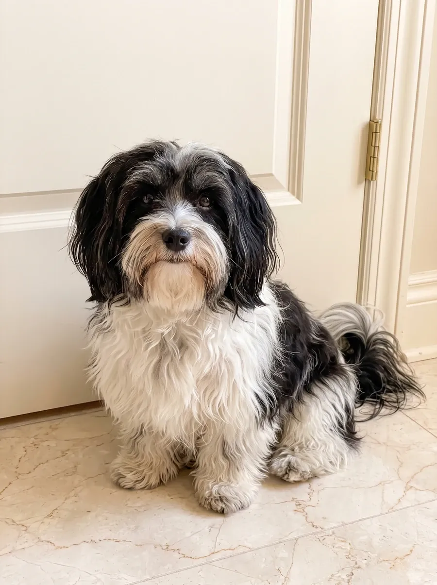 Havanese, a black and white adult sitting outside a closed bathroom door, waiting