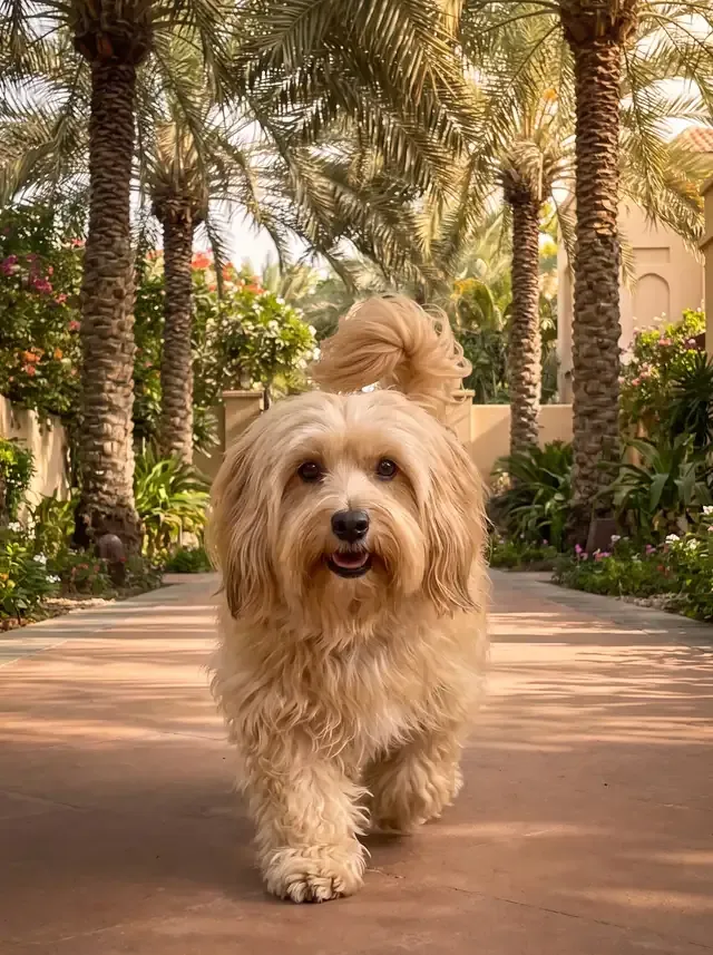 Havanese in Dubai, a cream adult trotting along a palm-lined garden path, coat bouncing