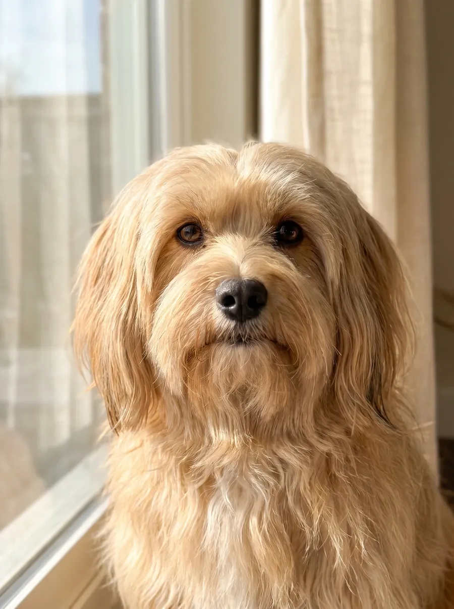 Havanese, a close portrait of a gold adult by a sunlit window, eyes bright