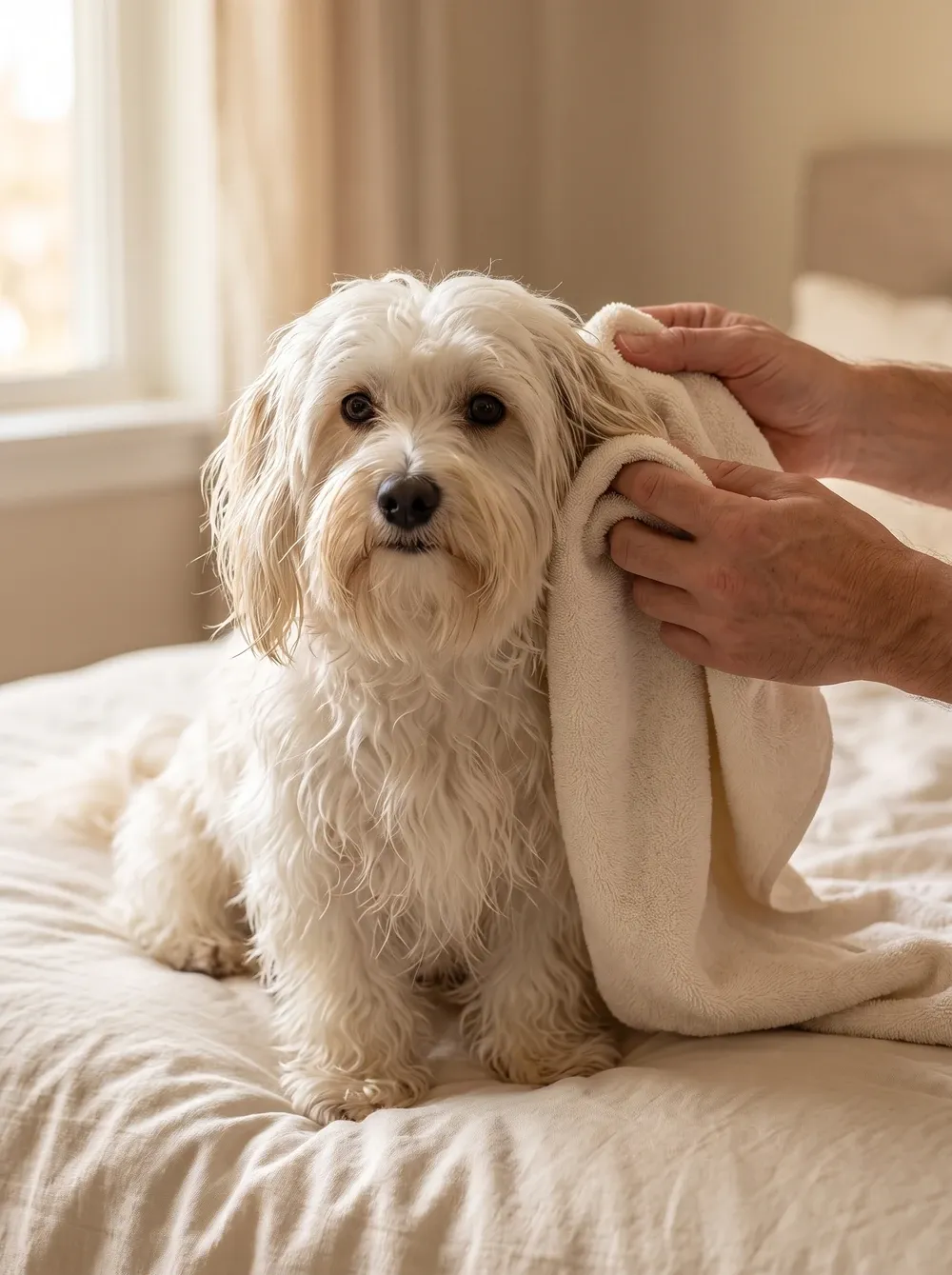 Havanese, a pet parent drying a white dog's ear with a soft towel on the edge of a bed