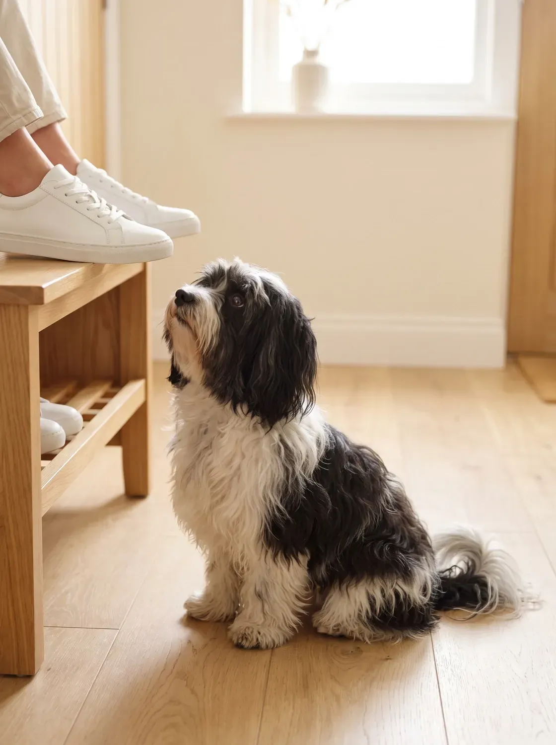 Havanese, a black and white adult sitting by a shoe bench, looking up as a pet parent puts on trainers