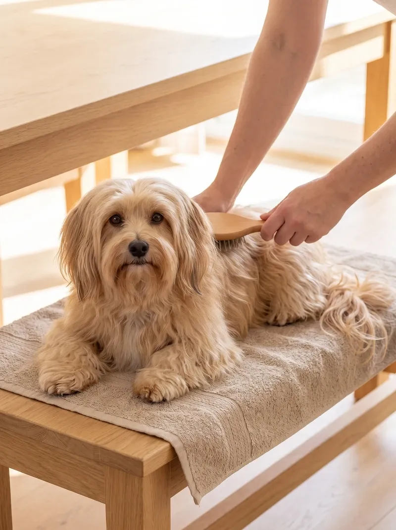 Havanese, a pet parent brushing a cream adult lying on a towel on a dining bench