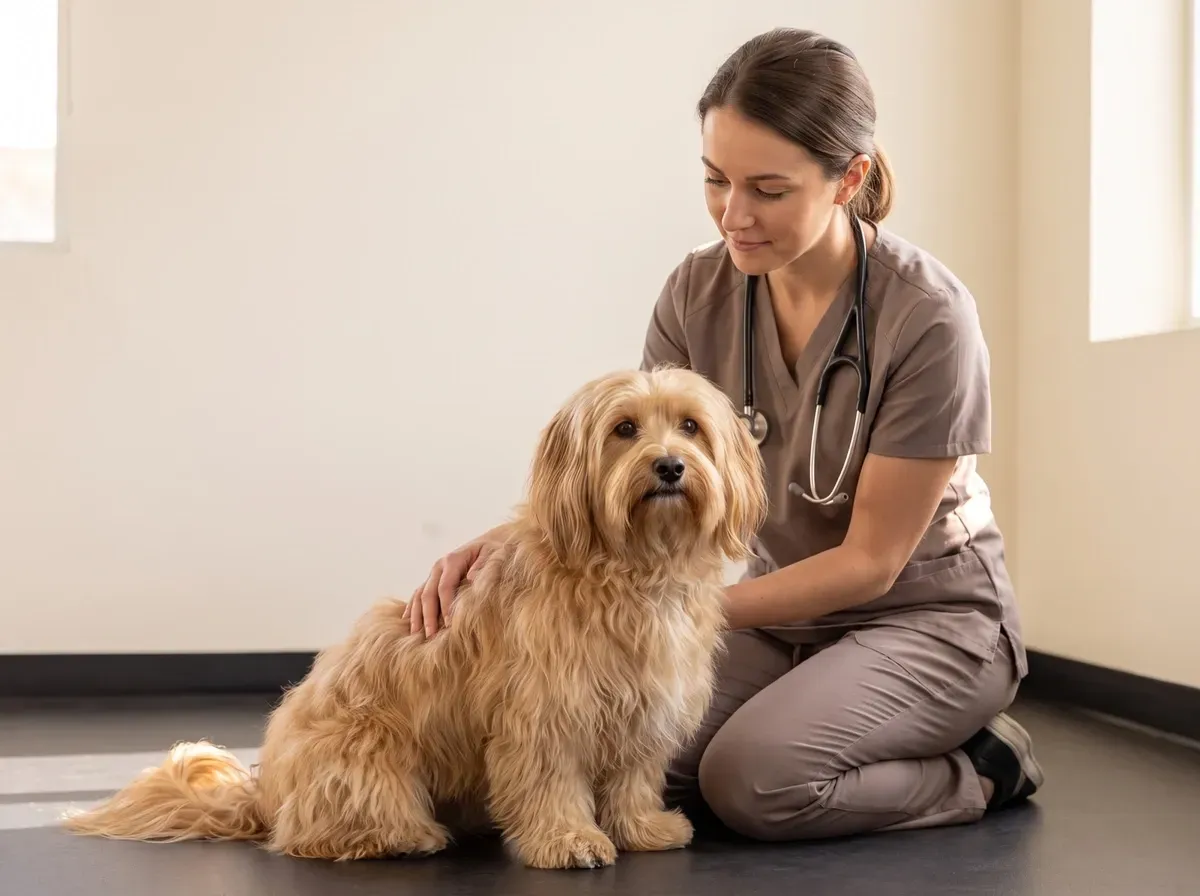 Havanese, a gold adult sitting on the floor as a vet in taupe scrubs kneels alongside, a hand on the dog's back