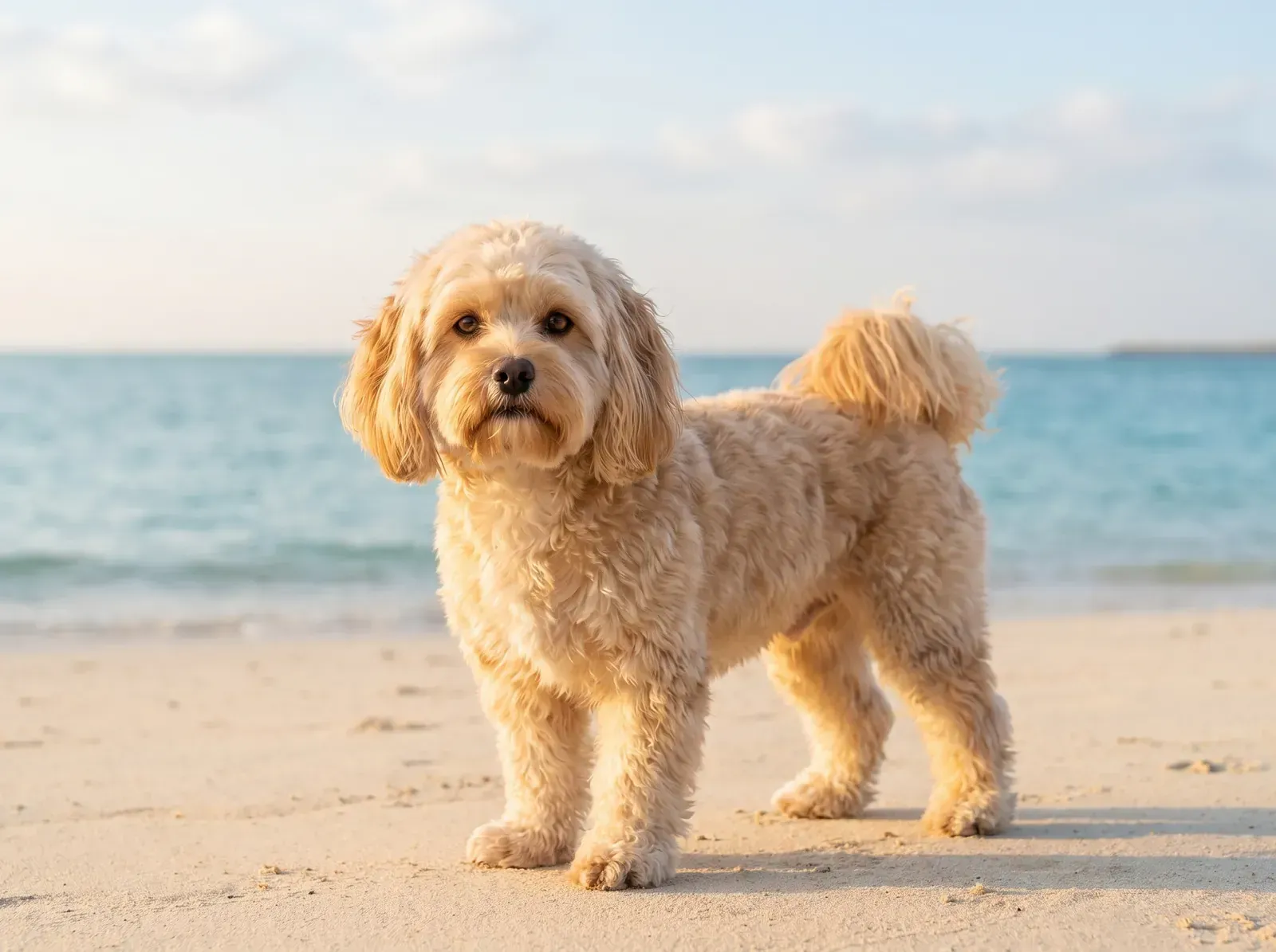 Havapoo, a honey-gold adult standing on a pale sandy beach in morning light, the sea behind