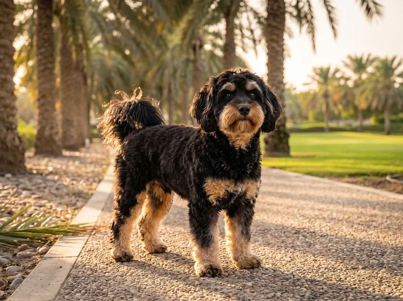 Havapoo in Dubai, a black and tan adult standing on a palm-lined park path at golden hour