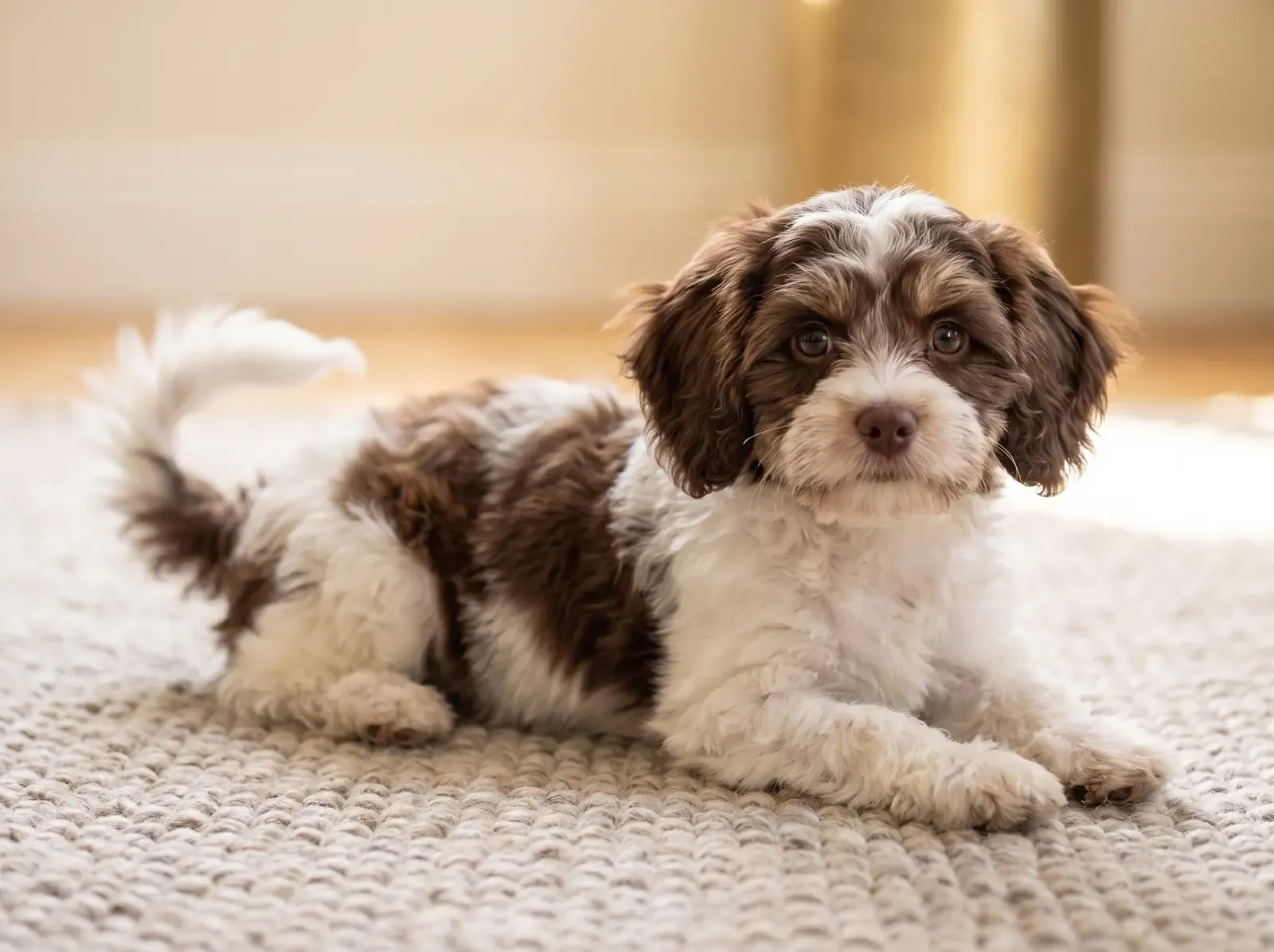 Havapoo, a chocolate and white parti puppy lying on a stone-coloured rug