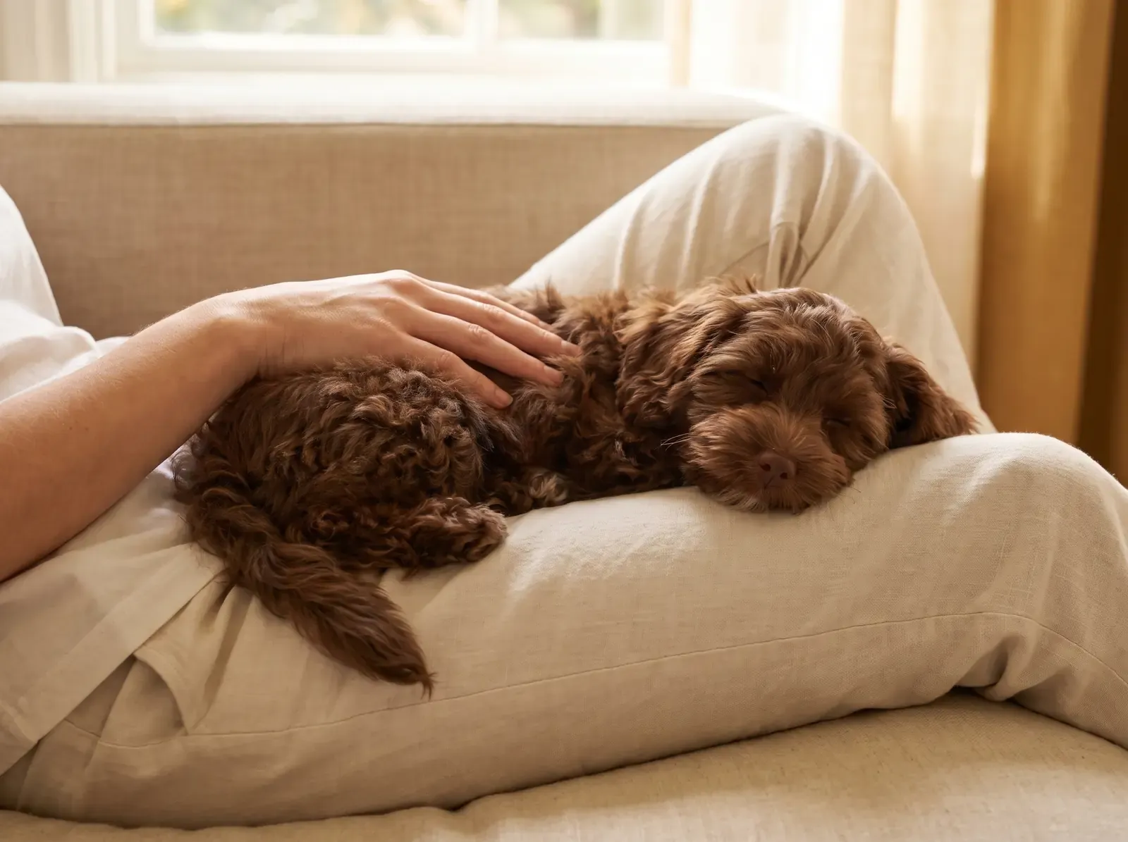 Havapoo, a chocolate puppy asleep in a pet parent's lap on a linen sofa