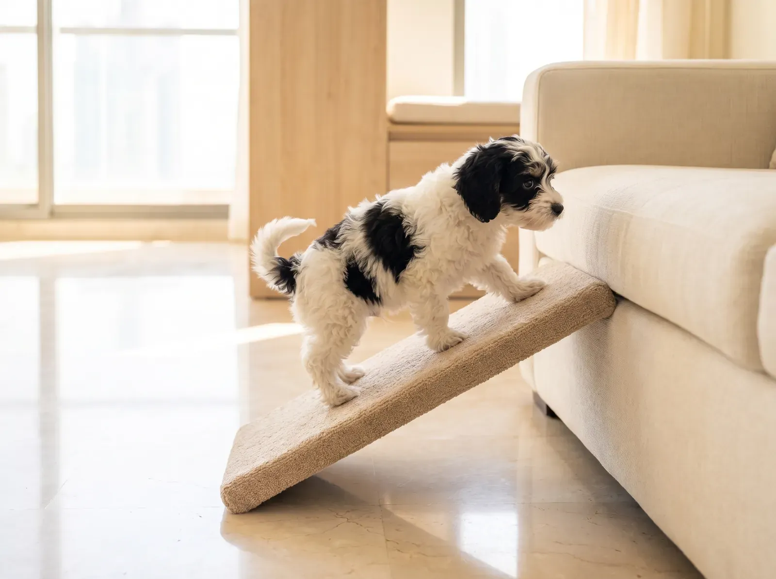 Havapoo, a black and white parti puppy climbing a carpeted ramp up to a cream sofa