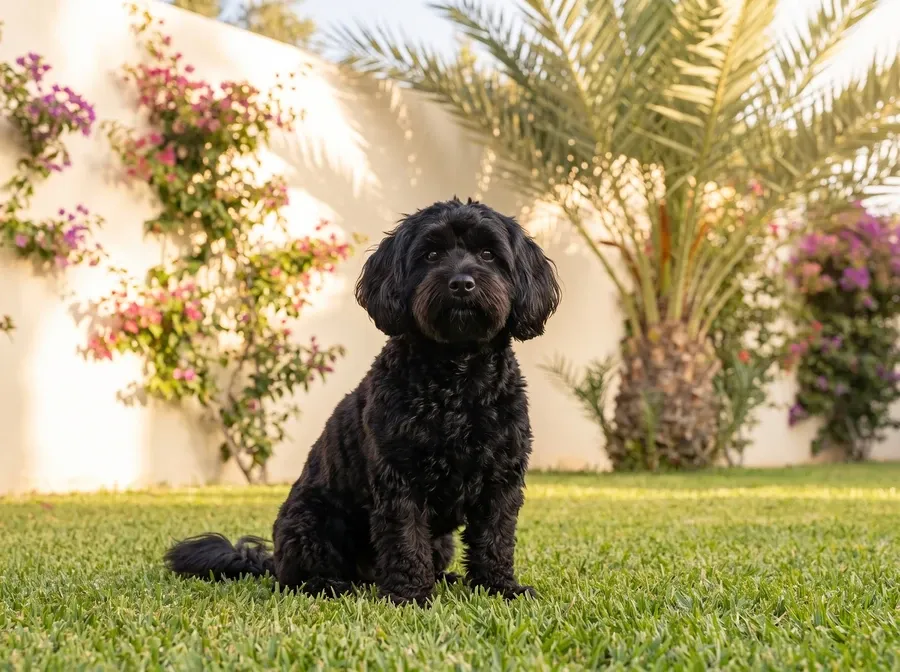 Havapoo in Dubai, a black adult sitting on a villa garden lawn, bougainvillea and a date palm behind