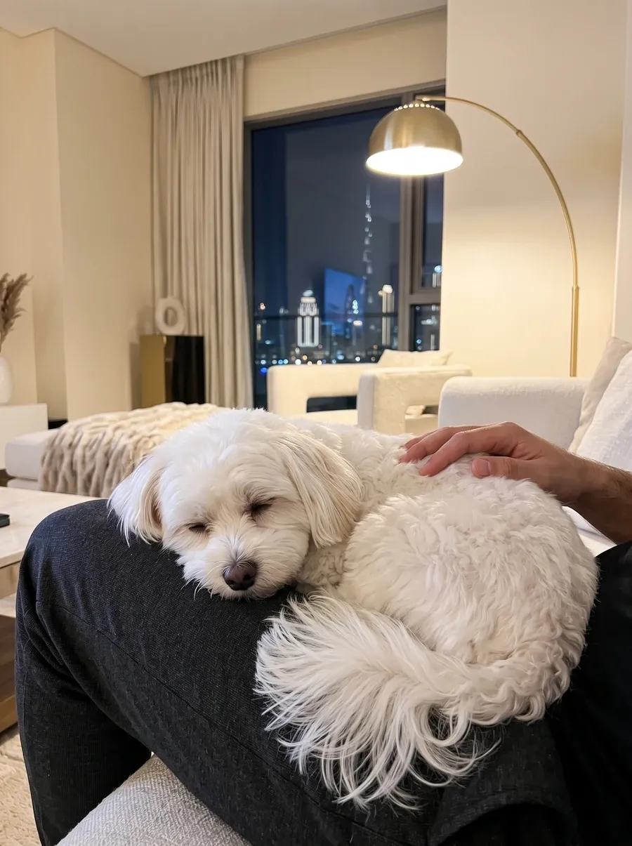 Havapoo in Dubai, a white adult asleep on a pet parent's knee at night, the lit skyline beyond