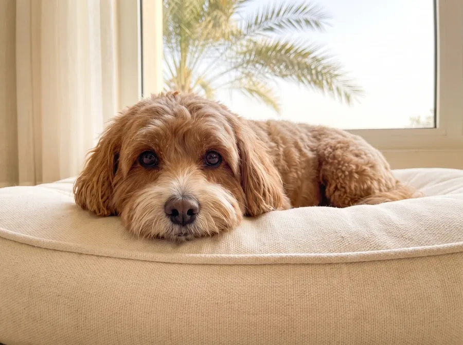 Havapoo in Dubai, an older red adult with a whitening muzzle resting on a cream bed, a date palm outside