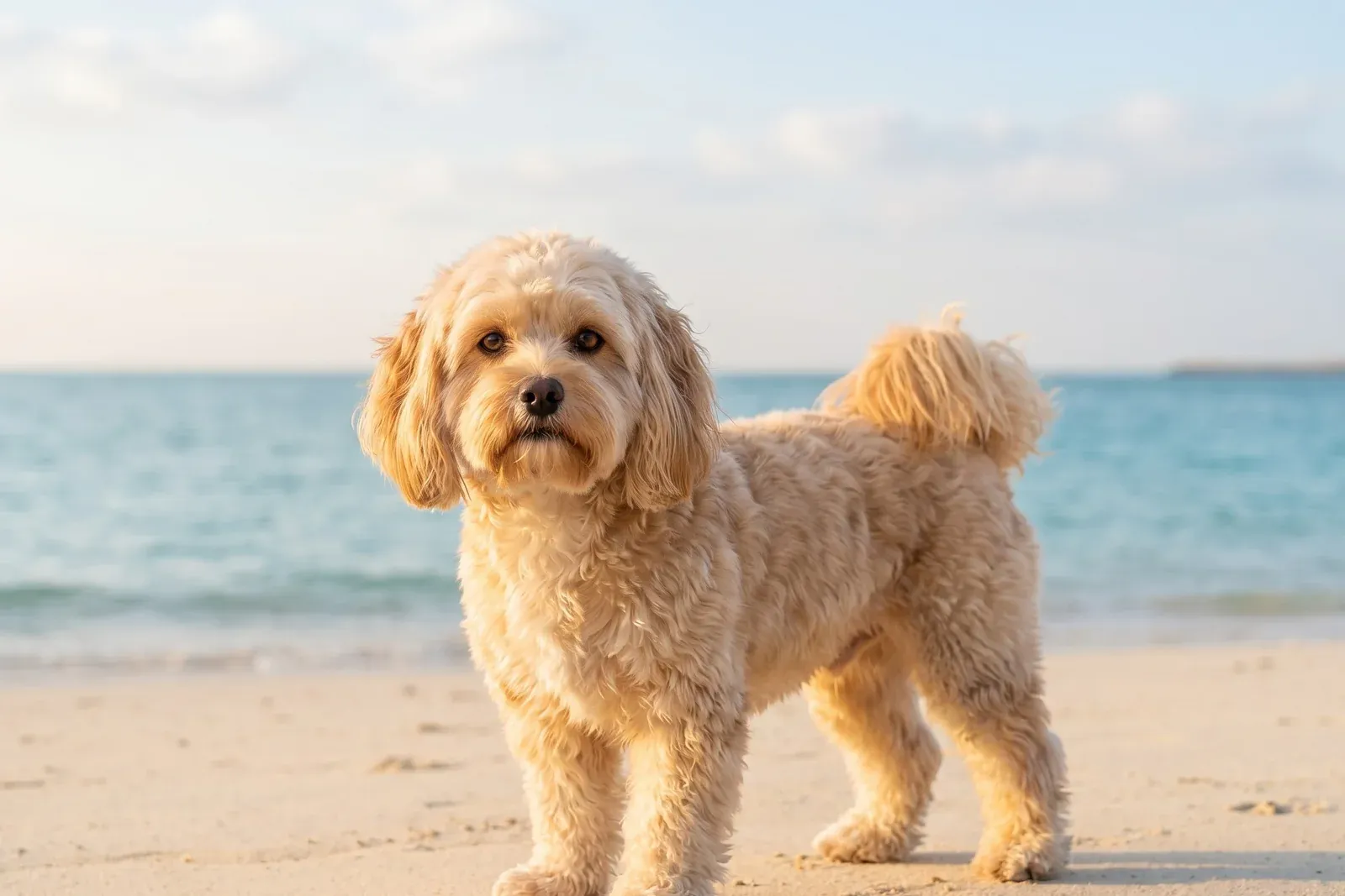 Havapoo history, the cross today, a honey-gold adult on a sandy beach, Dubai, 2026