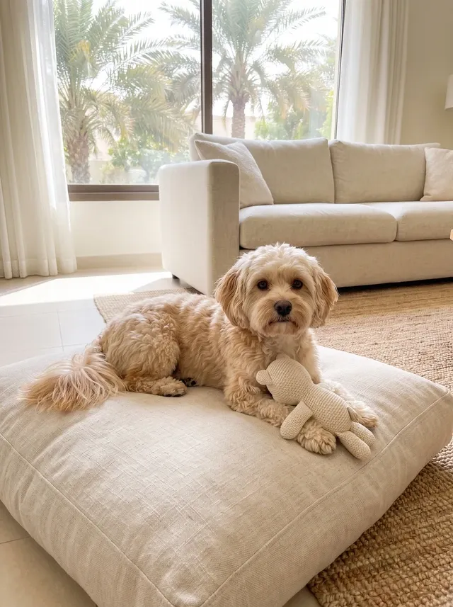 Havapoo in Dubai, the same cream adult on a floor cushion in a villa living room, date palms through the window