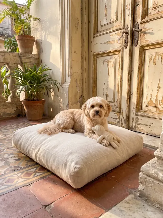 Havapoo, a cream adult on a linen cushion on an old tiled doorstep, a soft toy between the paws