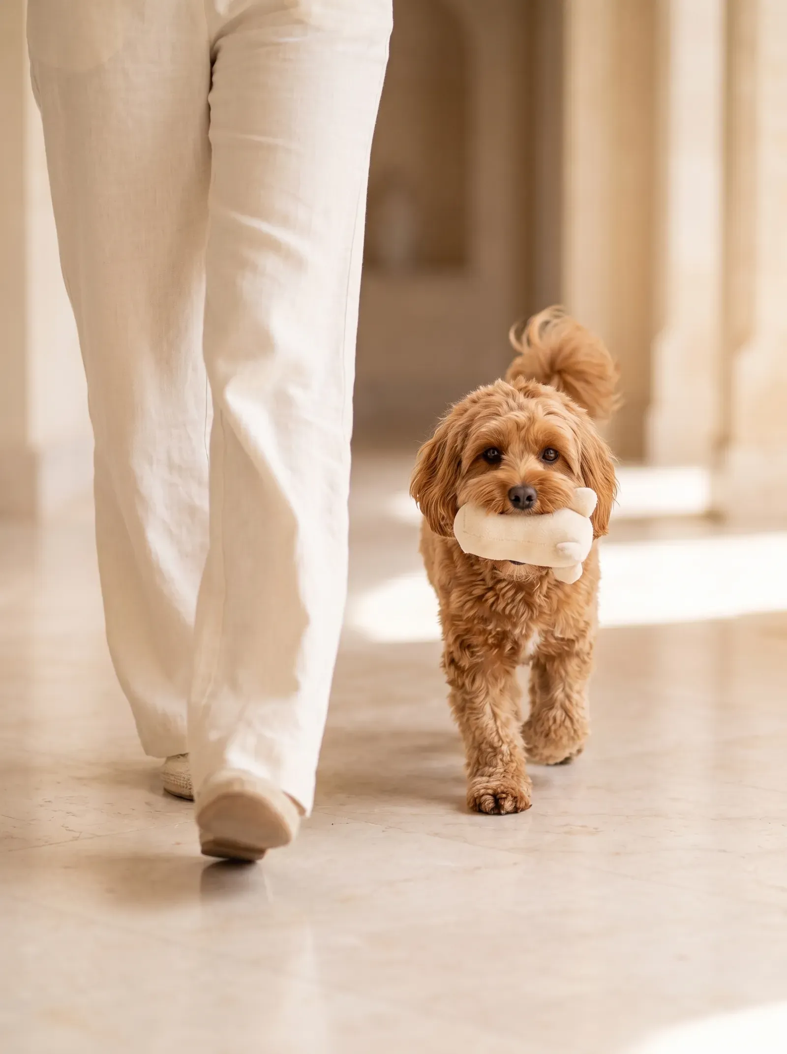 Havapoo, a red adult trotting down a marble hallway after a pet parent, a soft toy in their mouth