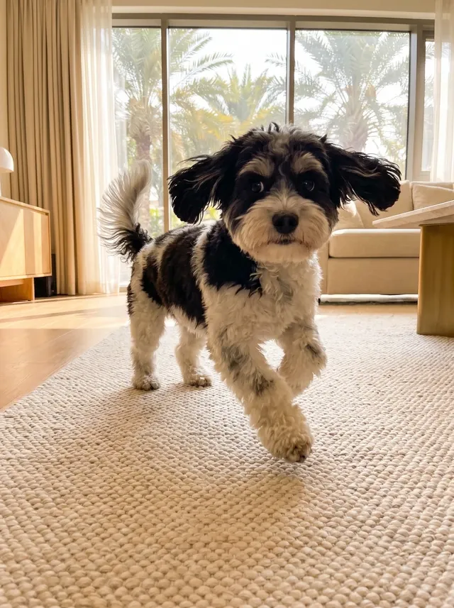 Havapoo in Dubai, a black and white parti adult running across a cream rug, date palms outside