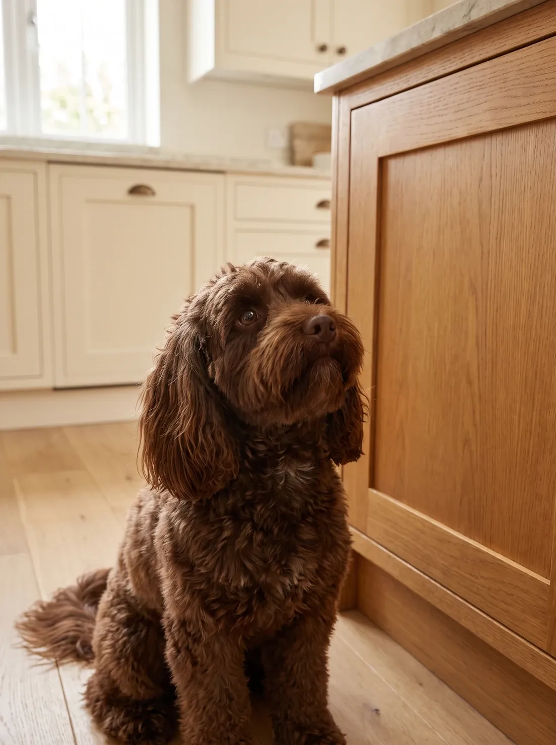 Havapoo, a chocolate adult sitting by an oak kitchen cupboard, looking up at it hopefully