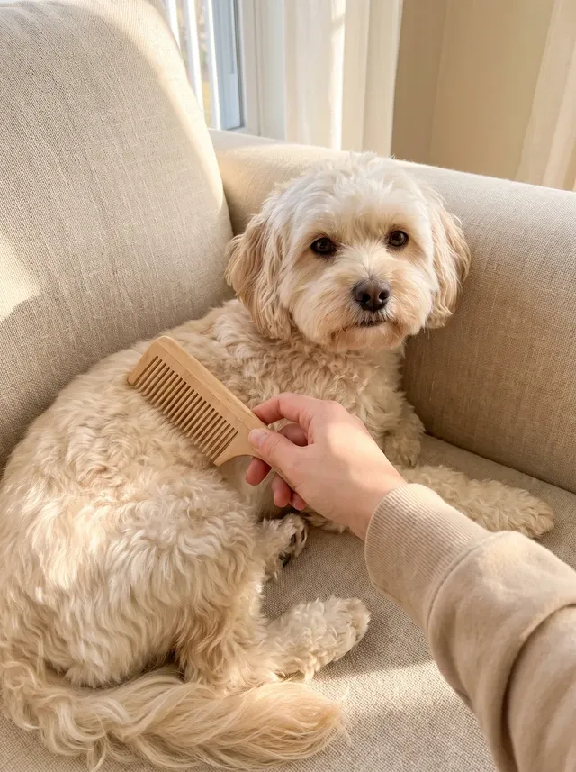 Havapoo, a cream adult lying on a linen sofa while a pet parent combs their coat