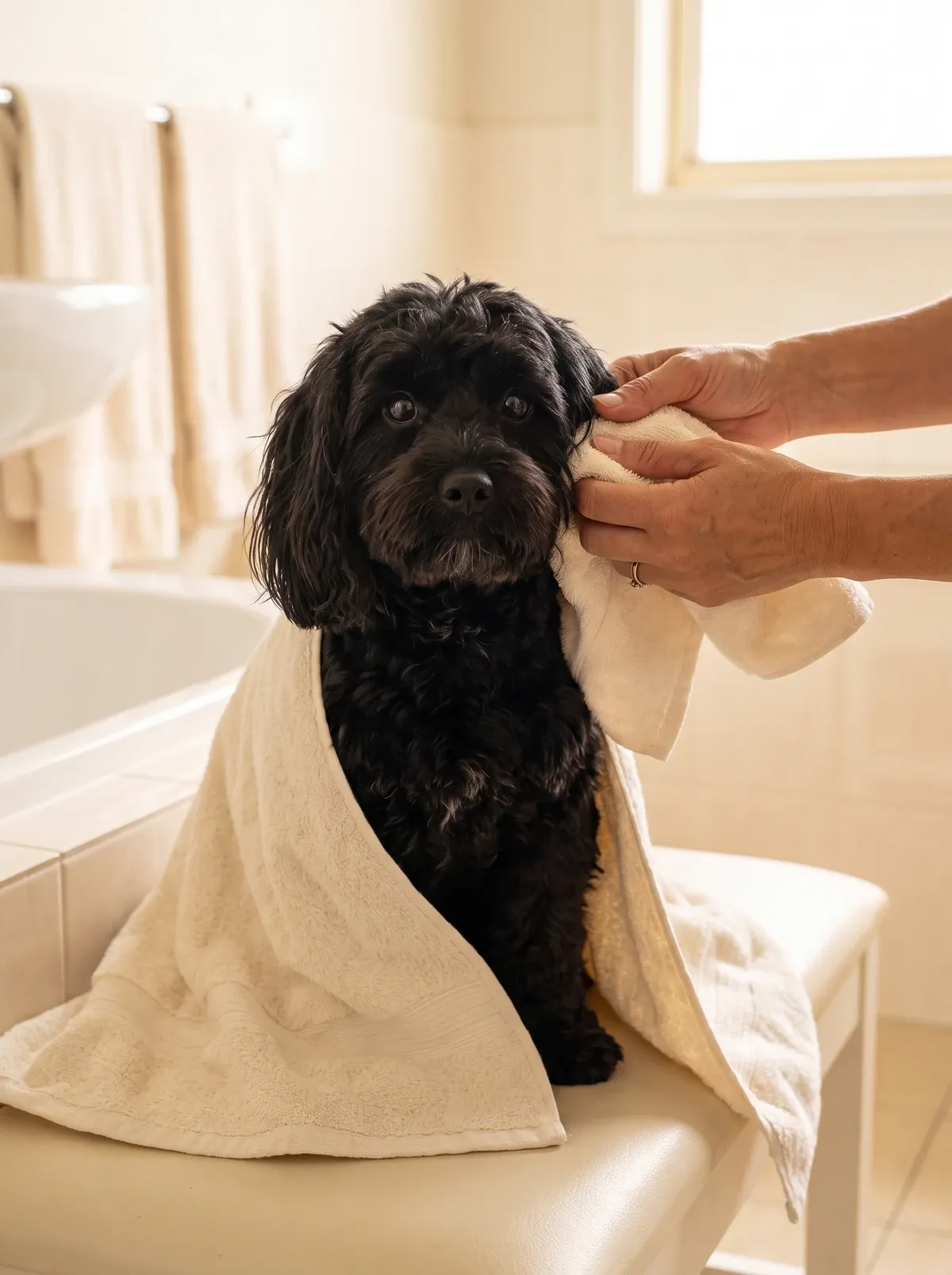 Havapoo, a black adult wrapped in a cream towel while a pet parent dries one ear