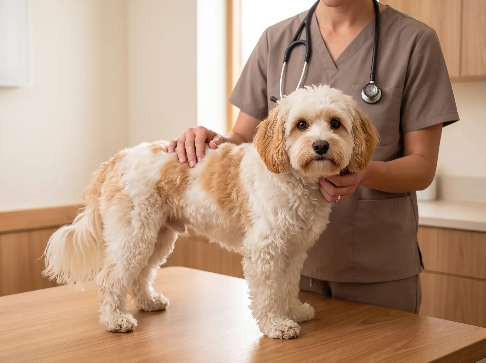 Havapoo, a vet in taupe scrubs with a hand on a calm white and apricot adult on a timber table
