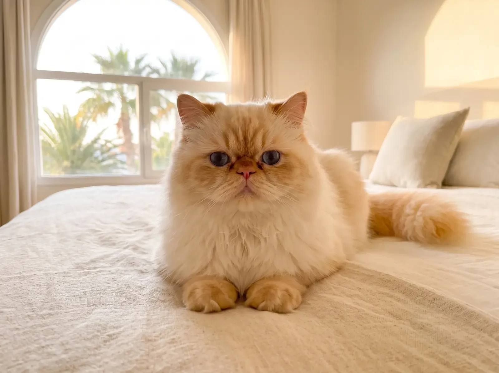 Himalayan in Dubai, a flame point adult lying on a cream linen bed, palms through an arched window