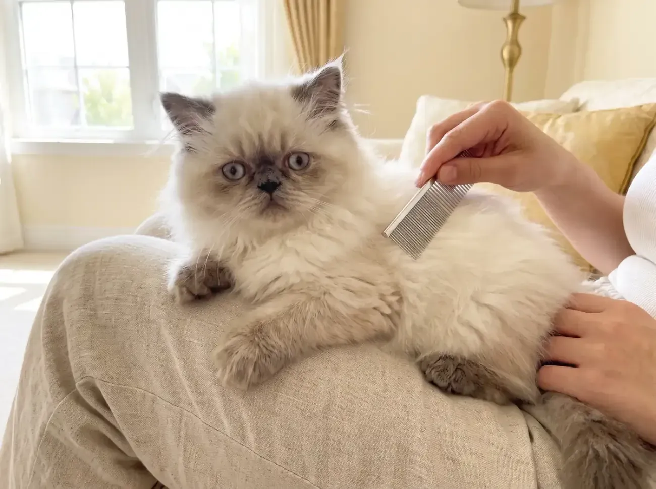 Himalayan, a fluffy colourpoint kitten sitting on a lap while a hand combs its coat