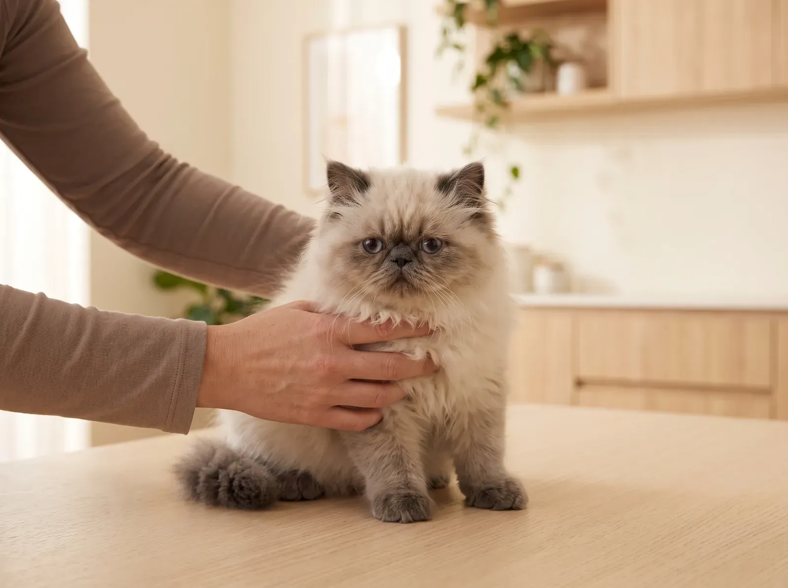 Himalayan, a blue point kitten on a consultation table, steadied by hands in taupe sleeves