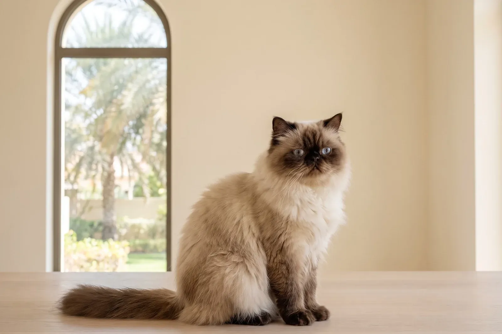 Himalayan history, the breed today, a chocolate point adult in a shaded villa room, Dubai, 2026